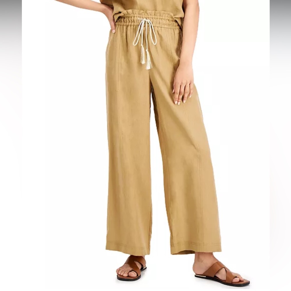 MARELLA fade drawstring paper bag Camel khaki Wide-Leg Pants linen resort beach